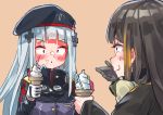  2girls aamond absurdres beret black_hair blonde_hair blush candy candy_cane embarrassed food food_on_face girls_frontline gloves goggles goggles_around_neck hat highlights highres hk416_(girls_frontline) ice_cream ice_cream_cone ice_cream_on_face iron_cross laughing m16a1_(girls_frontline) multicolored_hair multiple_girls silver_hair single_glove 