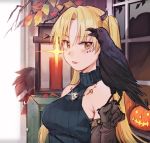  1girl :p animal autumn_leaves bangs bare_shoulders bird bird_on_hand black_sweater blonde_hair blush breasts brown_eyes brown_gloves commentary crow elbow_gloves english_commentary eyebrows_visible_through_hair facial_mark gloves hair_between_eyes halloween hand_up highres horns jack-o&#039;-lantern leaf long_hair looking_at_viewer medium_breasts original parted_bangs ribbed_sweater sleeveless sleeveless_turtleneck smile solo sparkle sweater tongue tongue_out tugo turtleneck turtleneck_sweater very_long_hair 