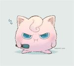  :i ayu_(mog) black_border blue_background blue_eyes border creatures_(company) fluffy frown game_freak gen_1_pokemon great_detective_pikachu:_the_birth_of_a_new_duo holding holding_microphone jigglypuff looking_at_viewer microphone nintendo no_humans pokemon pokemon_(creature) pout signature simple_background solo standing 
