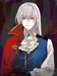  1boy :| black_gloves blue_vest cape character_request closed_mouth copyright_request cravat gloves kyouichi long_hair long_sleeves looking_at_viewer male_focus pale_skin red_cape red_eyes solo vest white_hair white_neckwear 