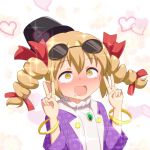  :d ahegao blonde_hair blush bracelet cato_(monocatienus) commentary double_v drill_hair drooling eyebrows_visible_through_hair eyewear_on_head hair_between_eyes hair_ribbon hat heart jewelry long_hair necklace nose_blush open_mouth red_ribbon ribbon ring rolling_eyes smile sunglasses tears touhou unmoving_pattern upper_body v yellow_eyes yorigami_jo&#039;on 