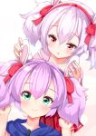  2girls alternate_hairstyle ame. animal_ears azur_lane bangs blush bow closed_mouth collarbone commentary_request dutch_angle eyebrows_visible_through_hair green_eyes hair_between_eyes hair_bow hairband hands_up highres jacket javelin_(azur_lane) laffey_(azur_lane) matching_hairstyle multiple_girls off_shoulder parted_lips pink_jacket rabbit_ears red_bow red_hairband short_twintails silver_hair simple_background smile twintails violet_eyes white_background 