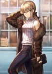  1girl alternate_costume artoria_pendragon_(all) bag bangs bare_shoulders belt black_ribbon blonde_hair blurry blurry_background breasts brown_coat casual coat commentary day denim expressionless eyebrows_visible_through_hair fate/grand_order fate_(series) fur-trimmed_coat fur_trim hair_between_eyes hair_ribbon handbag highres holding_purse jeans leg_up long_coat long_hair looking_at_viewer mashu_003 medium_breasts off_shoulder open_clothes open_coat outdoors pants pose ribbon saber_alter sidelocks signature solo standing standing_on_one_leg sweater sweater_vest turtleneck turtleneck_sweater twitter_username white_sweater yellow_eyes 