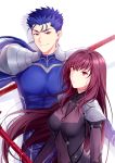  1boy 1girl blue_bodysuit blue_hair bodysuit closed_mouth earrings expressionless fate/grand_order fate_(series) gae_bolg hair_intakes highres jewelry lancer long_hair looking_at_viewer mikkat ponytail purple_bodysuit purple_hair red_eyes scathach_(fate)_(all) scathach_(fate/grand_order) shoulder_armor simple_background smile upper_body white_background 