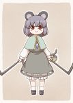  1girl animal_ears blue_capelet blush capelet closed_mouth eyebrows_visible_through_hair gem grey_background grey_footwear grey_hair grey_skirt grey_vest holding jewelry looking_at_viewer mouse mouse_ears mouse_tail nazrin necklace outline poronegi prehensile_tail red_eyes shoes short_hair skirt smile socks solo standing tail touhou vest white_legwear white_outline younger 