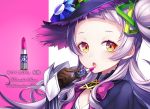 1girl character_name commentary_request crop_top gloves hair_ornament hat highres hololive lavender_hair lipstick long_hair looking_at_viewer makeup murasaki_shion open_mouth portrait ribbon ringozaka_mariko solo virtual_youtuber witch_hat yellow_eyes 