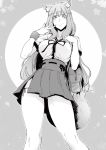  1girl :&lt; animal_ear_fluff animal_ears blush breasts contrapposto eyebrows_visible_through_hair fate/grand_order fate_(series) fingernails fox_ears fox_tail greyscale hands_up high-waist_skirt highres large_breasts looking_at_viewer monochrome nakamura_regura neck_ribbon ribbon school_uniform serafuku shirt skirt smile solo suzuka_gozen_(fate) tail w wristband 