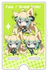  1girl ahoge animal_ears atalanta_(fate) black_flower black_footwear black_legwear black_rose blonde_hair blue_footwear blue_legwear blue_skirt blush boots cat_ears cat_girl cat_tail chibi closed_mouth commentary_request copyright_name dress fate/apocrypha fate_(series) flower gradient_hair green_dress green_eyes green_hair hair_flower hair_ornament halftone highres looking_at_viewer milkpanda multicolored_hair multiple_views pleated_skirt rose sidelocks skirt smile sparkle tail thigh-highs thigh_boots white_footwear white_legwear 