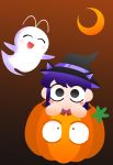  1girl black_eyes black_hair chibi crescent_moon degraded_ice ghost halloween halloween_costume highres komi-san_wa_komyushou_desu komi_shouko long_hair looking_at_viewer night pumpkin witch 