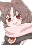  1girl :d animal_ears blush brown_hair enpera eyebrows_visible_through_hair gem imaizumi_kagerou long_hair looking_at_viewer open_mouth poronegi red_eyes scarf simple_background smile solo touhou wolf_ears younger 