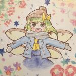  1girl :d blue_coat coat daiyousei fairy_wings green_hair grey_scarf hat jacket mittens open_mouth ponytail ribbon salt_(seasoning) scarf smile touhou traditional_media watercolor_pencil_(medium) wings winter_clothes winter_coat yellow_ribbon 