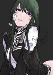  1girl black_background bruise_on_face d.gray-man eyebrows_visible_through_hair green_hair hair_between_eyes head_tilt lenalee_lee long_hair long_sleeves looking_at_viewer parted_lips robo8 simple_background solo uniform very_long_hair violet_eyes 