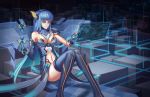  1girl asymmetrical_gloves blue_eyes blue_hair boots brilliant_naraku cityscape elbow_gloves eyebrows_visible_through_hair gloves headgear highres holographic_monitor long_hair looking_at_viewer navel navel_cutout original science_fiction shoulder_armor sitting slit_pupils thigh-highs thigh_boots 
