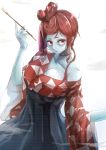  1girl absurdres blue_skin breasts brown_hair checkered checkered_kimono danbooru_(mako56) hair_ornament highres holding holding_pipe japanese_clothes kimono large_breasts long_hair long_sleeves neck_scar pipe red_eyes smoking yuugiri_(zombie_land_saga) zombie zombie_land_saga 