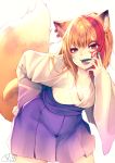  1girl :d animal_ear_fluff animal_ears bangs blue_nails blush breasts brown_hair chita_(ketchup) cleavage commentary_request ear_piercing eyebrows_visible_through_hair facial_mark fingernails fox_ears fox_girl fox_tail hair_between_eyes hand_up highres japanese_clothes kimono leaning_to_the_side long_sleeves looking_at_viewer medium_breasts mole mole_on_breast multicolored multicolored_hair multicolored_nails nail_polish open_mouth original piercing pleated_skirt purple_skirt red_eyes red_nails redhead short_eyebrows short_kimono signature simple_background skirt sleeves_past_wrists smile solo streaked_hair tail tail_raised thick_eyebrows white_background white_kimono wide_sleeves 