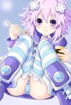  1girl choker d-pad d-pad_hair_ornament eating food hair_ornament hood hoodie iwasi-r looking_at_viewer neptune_(choujigen_game_neptune) neptune_(series) pudding purple_hair short_hair sitting smile solo thigh-highs violet_eyes 