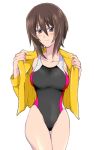  1girl bangs black_swimsuit breasts brown_eyes brown_hair closed_mouth competition_swimsuit cowboy_shot eyebrows_visible_through_hair girls_und_panzer highleg highleg_swimsuit jacket large_breasts light_blush long_sleeves looking_at_viewer moekichi nishizumi_maho no_pants one-piece_swimsuit open_clothes open_jacket opened_by_self short_hair simple_background smile solo standing swimsuit thigh_gap thighs white_background yellow_jacket 
