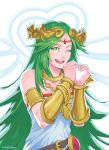  1girl bare_shoulders breasts dress goddess green_eyes green_hair heart heart_hands jewelry kid_icarus kid_icarus_uprising long_hair looking_at_viewer necklace nintendo open_mouth palutena pockypalooza smile solo super_smash_bros. tiara very_long_hair 