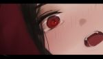  1girl @_@ arm_up bangs black_hair blush close-up dutch_angle eyebrows_visible_through_hair face fangs highres letterboxed nose_blush open_mouth original red_eyes saliva shimmer solo tears tongue 