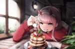  1girl :q absurdres bangs darling_in_the_franxx day dust_particles food fork green_eyes hairband highres holding huge_filesize indoors jacket lliftt long_hair long_sleeves pancake pink_hair red_jacket shiny shiny_hair sitting smile solo tongue tongue_out upper_body white_hairband window zero_two_(darling_in_the_franxx) 