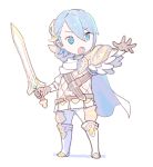  1boy absurdres alfonse_(fire_emblem) armor belt blue_eyes blue_hair boots breastplate cape chibi fire_emblem fire_emblem_heroes full_body hair_between_eyes hair_ornament highres holding holding_sword holding_weapon male_focus metal_boots nagisa_kurousagi nintendo open_mouth pants shield simple_background solo standing sword weapon white_background white_cape white_footwear 