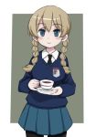  1girl alternate_hairstyle bangs black_legwear black_neckwear blonde_hair blue_eyes blue_skirt blue_sweater braid closed_mouth commentary cowboy_shot cup darjeeling dress_shirt emblem eyebrows_visible_through_hair girls_und_panzer grey_background hair_down hair_over_shoulder holding holding_cup holding_saucer light_blush long_hair long_sleeves looking_at_viewer miniskirt necktie nogitatsu outside_border pantyhose pinky_out pleated_skirt saucer school_uniform shirt short_hair skirt smile solo st._gloriana&#039;s_(emblem) st._gloriana&#039;s_school_uniform standing sweater tea teacup twin_braids v-neck white_shirt wing_collar 