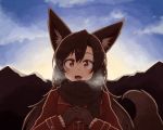  1girl alternate_costume animal_ears blue_sky breath brown_hair brown_scarf coat commentary_request gloves hair_between_eyes head_tilt highres imaizumi_kagerou kaginoni long_hair looking_at_viewer open_mouth outdoors own_hands_together red_eyes scarf sky smile solo tail touhou upper_body winter_clothes winter_coat wolf_ears wolf_tail 