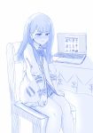  1girl blue blush bow bowtie chair closed_mouth computer covering covering_crotch embarrassed eyebrows_visible_through_hair highres jacket laptop long_hair monochrome pixiv scrunchie sitting solo ssss.gridman sweatdrop table takarada_rikka truth viperxtr wrist_scrunchie 