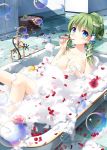  1girl alternate_hairstyle bangs bathing bathroom bathtub blue_eyes breasts bubble_blowing checkered checkered_floor cleavage collarbone eyebrows_visible_through_hair faucet flower frog frog_hair_ornament green_hair hair_ornament hair_tubes hair_up hand_up indoors kochiya_sanae large_breasts long_hair looking_at_viewer lying miyase_mahiro nude on_back petals red_flower red_rose rose rose_petals rubber_duck snake_hair_ornament soap_bubbles solo touhou 