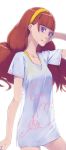  1girl akinbo_(hyouka_fuyou) amanogawa_kirara bangs blunt_bangs bra bra_strap brown_hair collarbone cowboy_shot go!_princess_precure hairband highres long_hair precure print_shirt shiny shiny_hair shirt short_sleeves simple_background solo standing twintails underwear very_long_hair violet_eyes white_background white_shirt yellow_bra yellow_hairband 