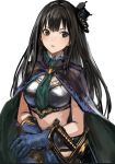  1girl black_cape black_hair blue_gloves breastplate cape gloves green_eyes green_neckwear hair_ornament idolmaster idolmaster_cinderella_girls infukun long_hair looking_to_the_side midriff necktie open_mouth shibuya_rin simple_background solo stomach sword very_long_hair weapon white_background 