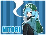 1girl alternate_costume backpack bag bangs black_gloves black_pants blue_background blue_eyes blue_hair blue_jacket blunt_bangs character_name commentary_request cup gloves green_hat hair_bobbles hair_ornament half-closed_eyes hat holding holding_cup jacket jakomurashi kawashiro_nitori knees_up long_hair long_sleeves mug pants sitting solo striped striped_background touhou 