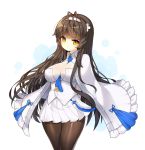  1girl antenna_hair between_breasts blush breasts brown_hair brown_legwear cape cleavage closed_mouth commentary_request cowboy_shot frilled_cape frills girls_frontline hairband head_tilt large_breasts long_hair pantyhose pleated_skirt qbz-95_(girls_frontline) skirt solo standing thighband_pantyhose tp_(kido_94) very_long_hair white_cape white_hairband white_skirt yellow_eyes 