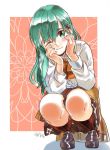  1girl blush bow bowtie brown_jacket brown_legwear buttons chin_rest closed_eyes clothes_around_waist collared_shirt commentary eyebrows_visible_through_hair full_body green_eyes green_hair hair_between_eyes hair_ornament hair_over_shoulder hairclip jacket jacket_around_waist kantai_collection kneehighs loafers long_hair long_sleeves looking_at_viewer one_eye_closed orange_neckwear pleated_skirt sagamiso shadow shirt shoes signature sitting skirt smile solo squatting suzuya_(kantai_collection) white_shirt 