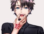  1boy black_shirt blue_eyes brown_hair command_spell eyebrows_visible_through_hair fang fate/grand_order fate_(series) fujimaru_ritsuka_(male) grey_background hair_between_eyes hand_up looking_at_viewer male_focus shirt simple_background solo tenobe turtleneck 