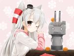  1girl amatsukaze_(kantai_collection) bangs black_hairband blush brown_eyes eyebrows_visible_through_hair food fruit hairband highres hood hoodie ice_crystal interlocked_fingers kantai_collection kotatsu long_hair long_sleeves looking_at_viewer mandarin_orange one_eye_closed pink_background pink_hood pink_sleeves rensouhou-kun silver_hair smile table two_side_up very_long_hair white_hoodie windsock yoko_(pixykid2010) 