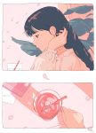  1girl 2koma aorkgk bangs black_hair border cherry_blossoms comic cup drink drinking_glass drinking_straw highres ice leaf lipstick long_hair long_sleeves makeup mole mole_under_eye nail_polish original paper pink pink_nails plant signature silent_comic solo spring_(season) white_border 