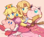  2girls 2others artist_name balloon_(pokemon) blonde_hair blue_eyes bracer cat_ears cheek-to-cheek color_connection creatures_(company) crown dairantou!_smash_brothers_dx dairantou!_smash_brothers_special dress elbow_gloves eyebrows_visible_through_hair game_freak gen_1_pokemon gloves hal_laboratory_inc. hoshi_no_kirby hug human hylian jigglypuff kirby kirby_(series) long_hair looking_at_another looking_at_viewer super_mario_bros. mini_crown multiple_girls nintendo nintendo_all_stars_dairantou!_smash_brothers nintendo_ead one_eye_closed open_mouth parted_lips pink pink_background pink_dress pink_puff_ball pointy_ears pokemon pokemon_(creature) pokemon_frlg pokemon_rgby princess_peach princess_zelda puffy_short_sleeves puffy_sleeves short_sleeves smile super_smash_bros. super_smash_bros._ultimate super_smash_bros_64 super_smash_bros_melee the_legend_of_zelda the_legend_of_zelda:_a_link_between_worlds the_legend_of_zelda:_a_link_to_the_past tiara upper_body white_gloves wusagi2 zelda_no_densetsu 