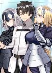  1boy 2girls absurdres armor armored_dress black_armor black_hair blonde_hair blue_eyes blush braid breasts chains closed_eyes closed_mouth commentary_request fate/grand_order fate_(series) fujimaru_ritsuka_(male) hand_holding headpiece highres holding_another&#039;s_arm jeanne_d&#039;arc_(alter)_(fate) jeanne_d&#039;arc_(fate) jeanne_d&#039;arc_(fate)_(all) large_breasts light_smile long_hair multiple_girls ninoude_(ninoude44) short_hair silver_hair single_braid smile very_long_hair yellow_eyes 