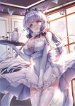  1girl apron azur_lane bangs bare_shoulders blue_eyes blush breasts choker cleavage covering covering_crotch cup detached_collar dress elbow_gloves eyebrows_visible_through_hair floating_hair frills gloves hair_ornament hair_ribbon holding holding_tray illustrious_(azur_lane) indoors large_breasts long_hair looking_at_viewer maid maid_apron maid_headdress mole mole_under_eye open_mouth ribbon sapphire_(stone) sidelocks smile solo spill teapot thigh-highs tray tress_ribbon victorian_maid white_dress white_gloves white_hair xing 