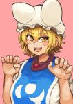  1girl :d animal_ears blonde_hair blush chanta_(ayatakaoisii) eyebrows_visible_through_hair fang fox_ears hands_up hat highres looking_at_viewer open_mouth paw_pose pillow_hat pink_background shirt short_hair simple_background smile solo tabard touhou upper_body white_hat white_shirt yakumo_ran yellow_eyes 