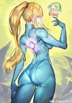  1girl ario ass blonde_hair blue_bodysuit blush bodysuit gun high_ponytail impossible_bodysuit impossible_clothes long_hair looking_at_viewer metroid metroid_(creature) mole mole_under_mouth nintendo ponytail samus_aran shiny shiny_clothes simple_background skin_tight solo weapon white_background zero_suit 