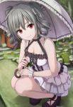  1girl bangs bare_arms bare_shoulders black_footwear black_ribbon blurry blurry_background breasts cleavage closed_mouth collarbone commentary_request cross-laced_clothes curly_hair depth_of_field dress frilled_dress frills grass grey_hair hair_ribbon halterneck highres holding holding_umbrella idolmaster idolmaster_cinderella_girls kanzaki_ranko layered_dress long_hair looking_at_viewer mary_janes medium_breasts narafume outdoors pavement pleated_dress red_eyes ribbon ribbon_trim shoes sidelocks single_wrist_cuff smile solo squatting twintails umbrella white_dress white_ribbon wrist_cuffs 
