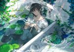  1boy bathroom bathtub black_hair black_pants green_eyes highres indoors jellyfish kyouichi lily_pad male_focus original pants plant rain shirt sitting smile transparent transparent_umbrella umbrella vines wet white_shirt 