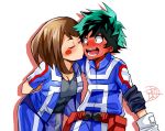  1boy 1girl black_undershirt blush blush_stickers boku_no_hero_academia breasts brown_hair cheek_kiss cleavage closed_eyes couple elbow_pads freckles full-face_blush gloves green_eyes green_hair hetero highres jacket jindai3663 kiss messy_hair midoriya_izuku open_clothes open_jacket open_mouth short_hair sruprised u.a._gym_uniform uraraka_ochako white_gloves wide-eyed 