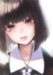  1girl absurdres bangs black_eyes black_hair black_shirt collared_shirt commentary_request doku-chan_(dokkudokudoku) head_tilt highres lips looking_at_viewer original parted_lips portrait shirt short_hair simple_background solo teeth white_background wing_collar 