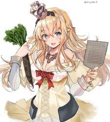  1girl bare_shoulders blonde_hair blue_eyes blush braid breasts corset cowboy_shot crown dress eriyama_(user_csua4255) flower food french_braid hair_between_eyes hairband highres holding holding_food jewelry kantai_collection long_hair long_sleeves mini_crown necklace off-shoulder_dress off_shoulder open_mouth red_flower red_ribbon red_rose ribbon rose simple_background smile solo warspite_(kantai_collection) white_background white_dress 