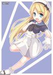  1girl artist_logo beret blonde_hair blue_eyes blue_sailor_collar dress full_body gloves hat highres jervis_(kantai_collection) kantai_collection long_hair looking_at_viewer mary_janes open_mouth pepatiku sailor_collar sailor_dress sailor_hat shoes short_sleeves smile socks solo white_dress white_gloves white_hat 