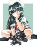  1girl ammunition_belt armor black_gloves black_legwear blush boots cape chin_rest closed_mouth commentary eyepatch flat_cap full_body gloves gloves_removed gradient_hair green_eyes green_hair green_sailor_collar hat indian_style kantai_collection kiso_(kantai_collection) looking_at_viewer multicolored_hair neckerchief red_neckwear remodel_(kantai_collection) sagamiso sailor_collar school_uniform serafuku short_sleeves sitting solo 