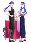  2boys apron blue_hair cake closed_mouth cu_chulainn_(fate/grand_order) cu_chulainn_alter_(fate/grand_order) earrings fate/grand_order fate_(series) food fruit full_body hand_on_hip hiding highres jewelry lancer long_hair looking_at_viewer mikkat mont_blanc_(food) multiple_boys open_mouth pants parfait pinstripe_pattern ponytail red_eyes ring serving_cart shoes simple_background smile spikes standing strawberry striped tail tiered_tray vest waiter white_background 